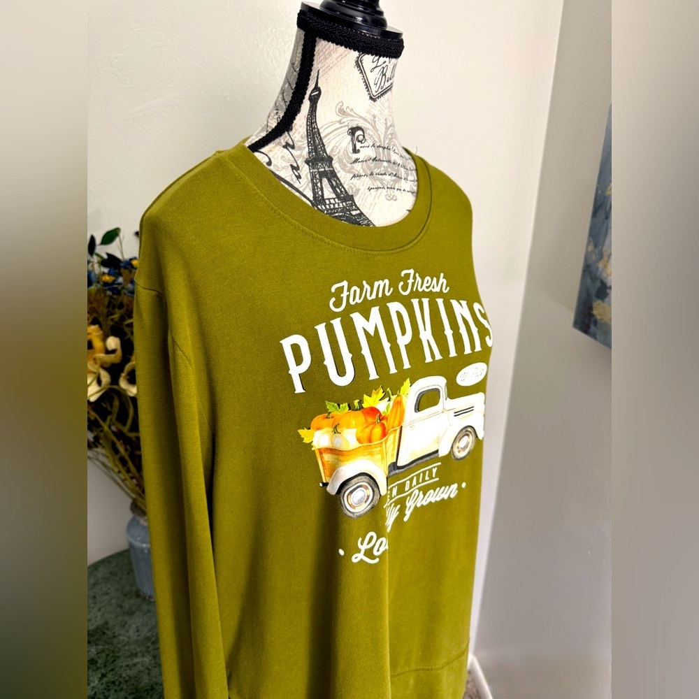 PositiviTees Olive Green Cozy "Farm Fresh Pumpkins" long sleeve Tee size XL - Picture 6 of 7
